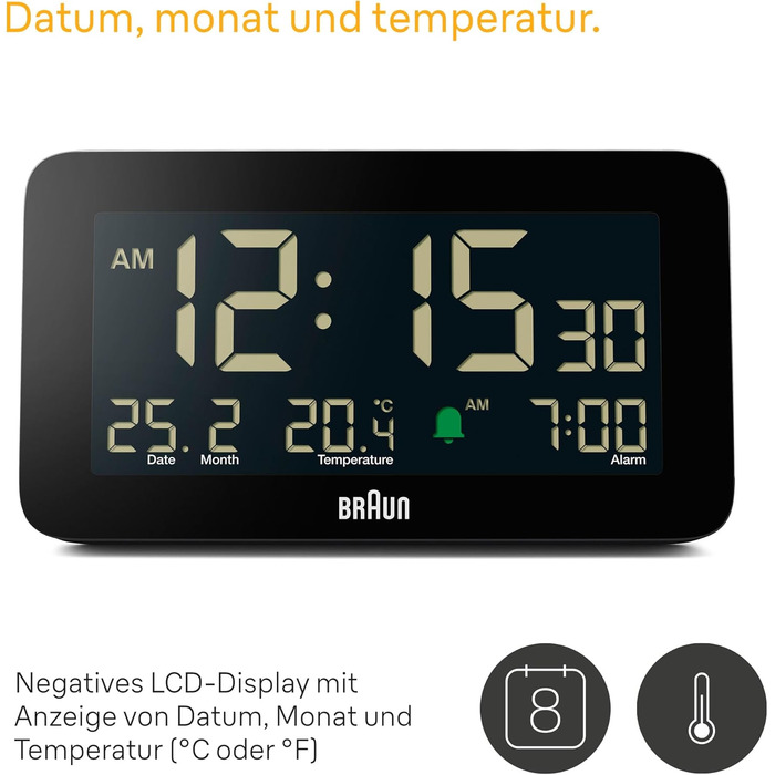 Braun Digital Alarm Clock with Date, Month, and Temperature Display, Negative LCD Display, Quick Set Function, and Gradual Alarm Sound in Black, Model BC10B.