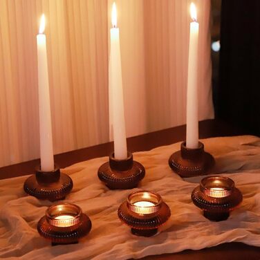 VOHO Candle Holders, Ribbed Glass, Stylish Boho Candle Holders, Stackable and Reversible, for Candle Stands and Votive Candles, e Candle Holders, Table Decor, Set of 18 (Brown)