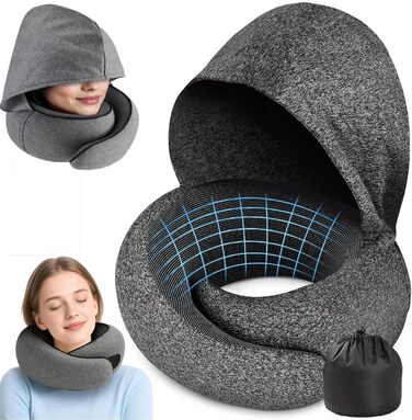 Подушка для шиї в літак з капюшоном, Memory Foam, для подорожей, офісу, авто. Зручно розкладається та зберігається.