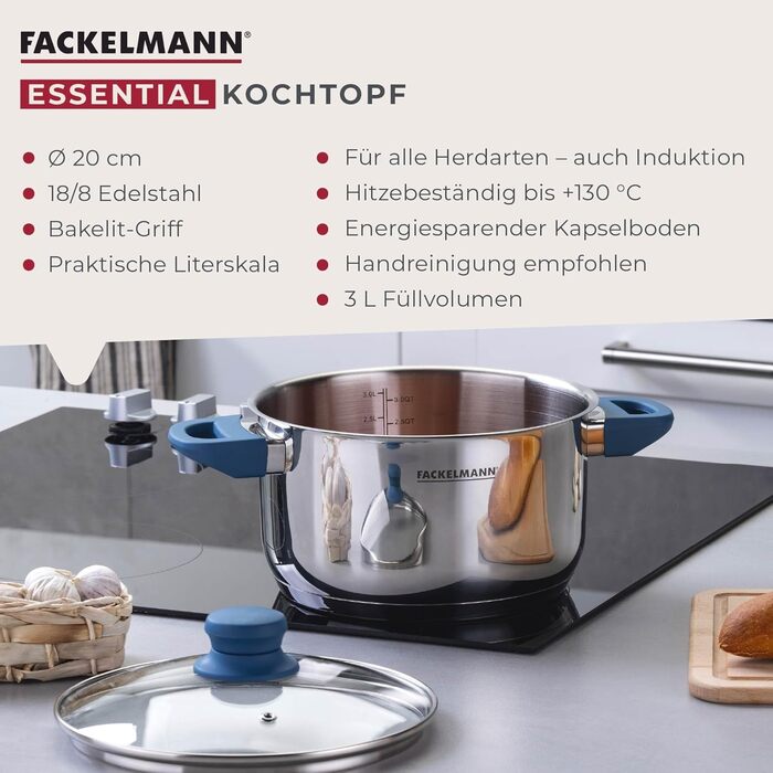 Каструля FACKELMANN Essential Ø20 см з нержавіючої сталі, ергономічні Softtouch-ручки, сучасний дизайн, підходить для всіх типів плит, блакитна каструля з кришкою 20 см