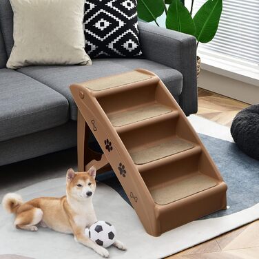 Сходинки для домашніх тварин GYMAX з 4 сходинками, складана драбинка для собак і котів з пластику, з антиковзкими накладками, 4 килимками та трикутною структурою, допомога у підйомі для котів та собак (колір: кава)