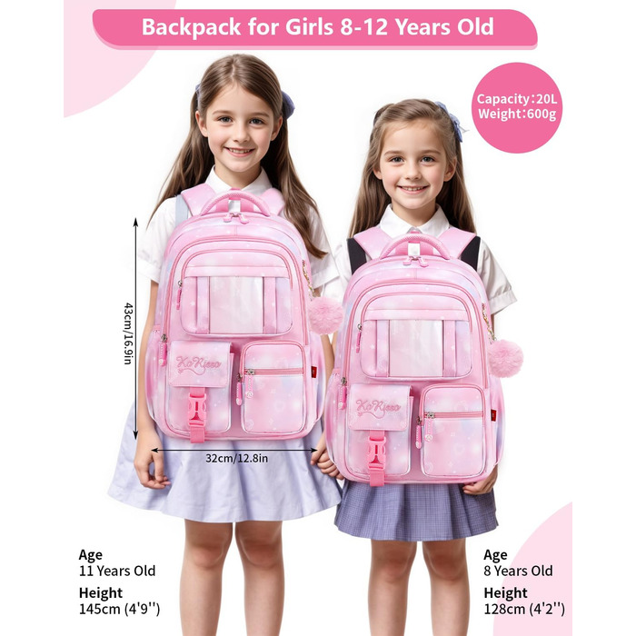 Шкільний рюкзак Tanou для дівчаток 1-4 клас, рожевий, з водонепроникного нейлону, дихаючий