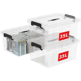 Cetomo Storage Boxes, Portable Plastic Boxes with Lids, Organizer Containers with Handles and Clips, Stackable, Nesting, for Home and Office, Transparent, 90L-3 Pack (35L*3)