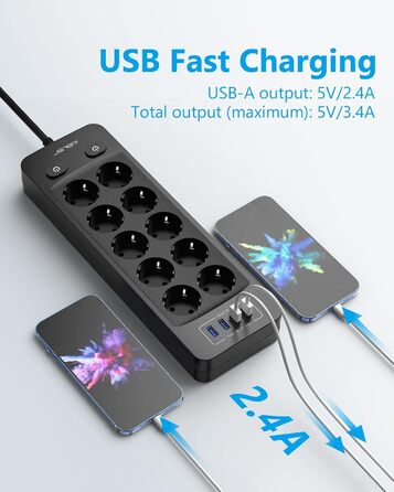 Мережева розетка JSVER 10 з USB, 4 порти зарядки, 16A, з вимикачем, 2м кабель, для смартфонів, ноутбуків, iPad – білий/чорний