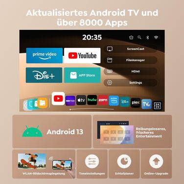 Портативний проєктор Mini Beamer 4K з підтримкою Android 13, WiFi 6, Bluetooth 5.4 та обертанням 270°. Підтримка HDMI, USB, iOS, PC. Ідеальний для домашнього кінотеатру та використання на відкритому повітрі з автокорекцією трапеції.