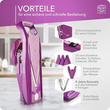 Набір Börner Gemüsehobel V5 (Profi Set): професійний набір для нарізки овочів з регульованим V-подібним ножем, 7-частинний, з 10 видами нарізки, з нержавіючої сталі, з док-станцією, фіолетовий (стартовий набір)