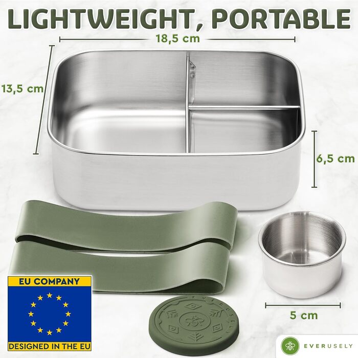 Бенто-бокс Everusely 0.8L з нержавіючої сталі з контейнером для спецій та органайзером для перекусів (3 відділення)