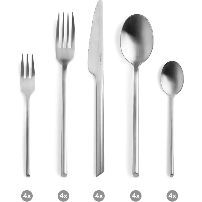 SPRINGLANE Cutlery Set 20-piece, brushed stainless steel, robust cutlery set for 4 people made of rust-resistant 18/10 stainless steel, including knife, fork, soup spoon, teaspoon, and cake fork.