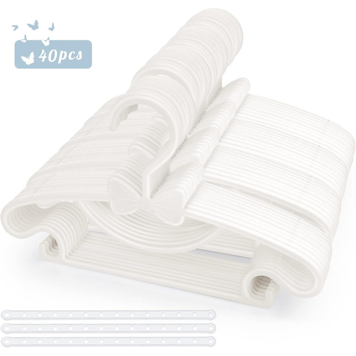 Набір вішалок для дитячого одягу, 40 шт, пластик, неслизькі, ультратонкі, білі - з 3 гумками для дитячої кімнати, одягу для немовлят та малюків, білі