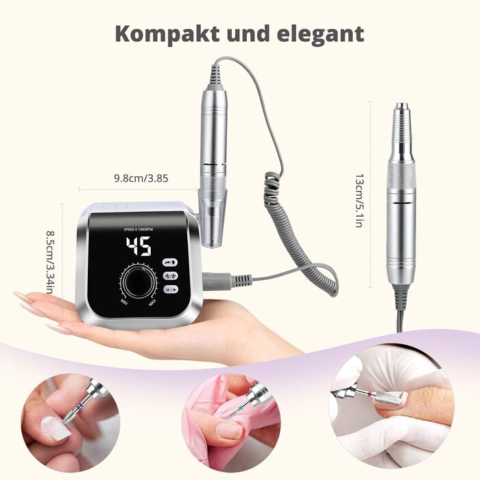 Електричний фрезер для нігтів з педаллю, 45000 об/хв, 45 режимів, LCD дисплей, F/R, для гелю та акрилу
