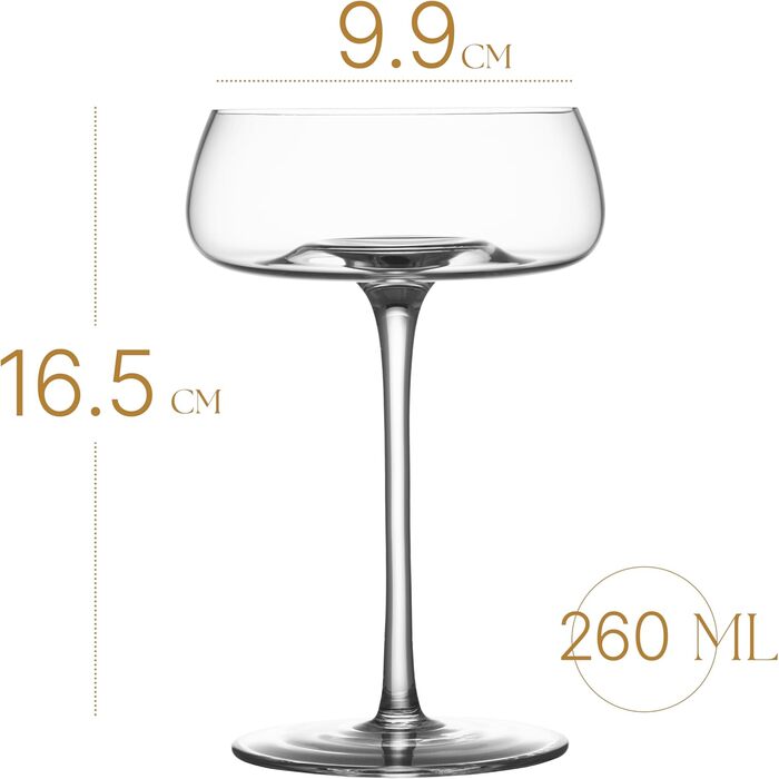 Набір келихів Coupette для коктейлів та шампанського, 4 шт. | 260 мл, кришталь, довгий ніж | для Мартіні, Дайкірі, Космополітен