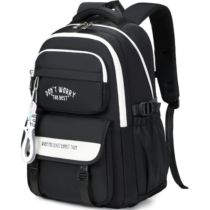 Шкільний рюкзак для підлітків дівчаток та хлопців, рюкзак у школу з багатьма кишенями, водонепроникний шкільний ранець великого розміру з відділенням для ноутбука 15,6' чорного кольору