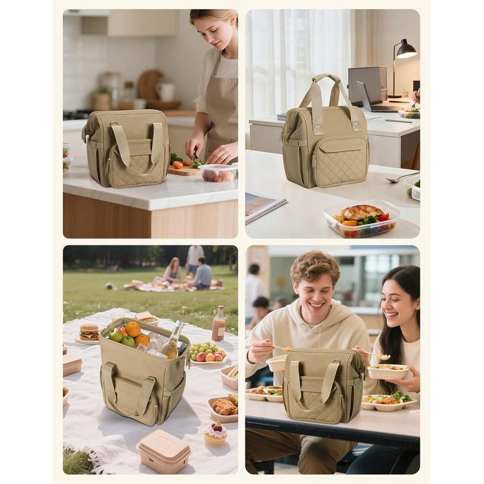 Термосумка 20 л, водонепроникна ізольована сумка/ланч-сумка з великим отвором, виготовлена з витокостійкого матеріалу PEVA, з кількома відділеннями та плечовим ременем – для роботи, школи, автомобіля, пікніка (Хакі)