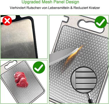 Нержавійна дошка для нарізання, двостороння, з сіткою, з канавкою для соку, з антиковзким бортиком, придатна для миття в посудомийній машині