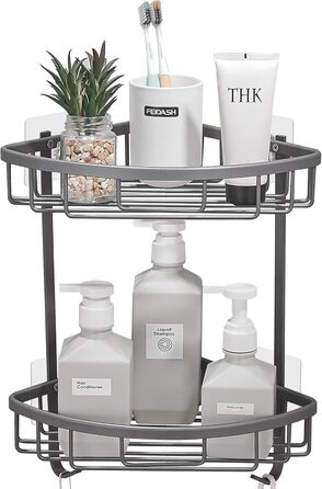 Поличка для душу GRICOL Eck-Duschregal без свердління, металева, кутова, з 2 гачками, для зберігання в ванній кімнаті, 2 яруси, нержавіюча сталь, сірий колір