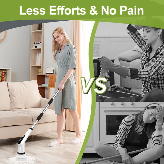 Електрична щітка для прибирання з 7 насадок, водонепроникна IPX7, регульована ручка, для ванної, кухні, підлоги, авто, біла