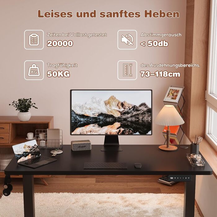 Devoko Adjustable Height Desk - Electric Standing Desk with Memory Function, 73-118cm Height, Collision Detection, Black, 140x60cm