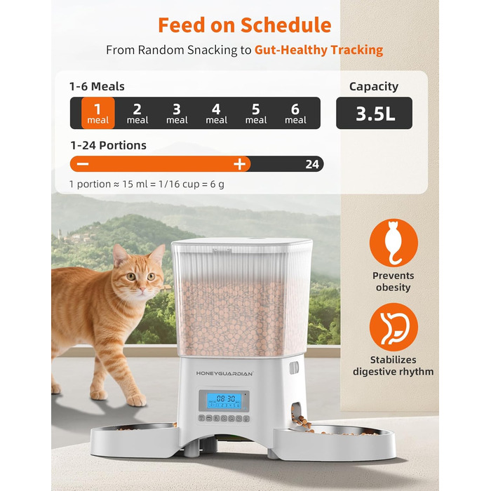 Автоматичний годівниця для котів та собак HoneyGuardian з таймером, 2 миски, 3.5L, стабільна, з антиковзкими ніжками