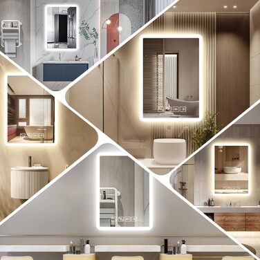 Дзеркало для ванної кімнати з підсвічуванням 50x70 см з Bluetooth, годинником, функцією проти запотівання та сенсорним вимикачем, 3 кольори світла, регулювання яскравості