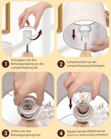 Настільна лампа EDISHINE, 2 шт. у наборі, дерев'яна, з абажуром кольору бежевого льону, цоколь E27, з лампочкою, вінтажний стиль, для спальні, вітальні, подарунок