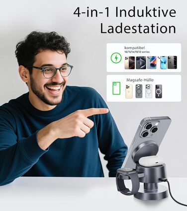 База для зарядки 4-в-1 для iPhone 17/16/15/14 Pro Max, бездротовий зарядний стан з нічним світлом, сумісний з Apple Watch та AirPods (сірий, 20W)
