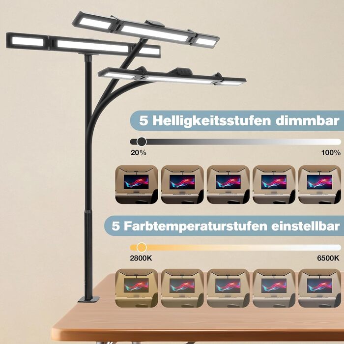 LED лампа для столу Asstikoo з регулюванням яскравості, 24W, складний дизайн, кріплення, для дому/офісу, 5 температур кольору, 3 режими яскравості, 3-головки, гнусий шийка