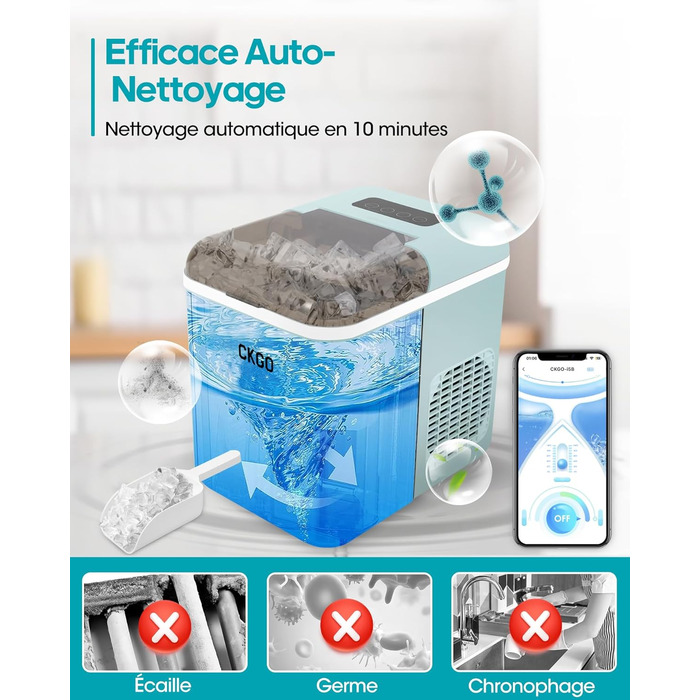 Smart Ice Maker Machine with WiFi Control - 15kg/24h, Fast Ice Production (6 mins), Self-Cleaning, 2 Sizes, Blue - for Kitchen, Office, Bar, Party, RV