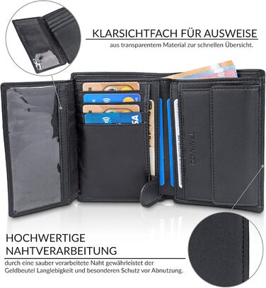 TRAVANDO Men's Wallet Dublin - TÜV certified - 13 card slots - Portrait format - RFID protection - Gift for men - including gift box - Designed in Germany (Black)