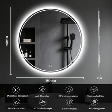 Дзеркало для ванної кімнати з підсвічуванням LED, антизапар, сенсорне управління, регулювання яскравості, 3 кольори світла, функція пам'яті, захист від вибуху, кругле, діаметр 50 см, 60x60 см