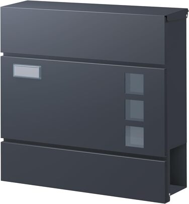 Поштова скринька BASI з м'яким закриттям, оглядовим вікном та табличкою для імені, DIN A4, з 2 ключами, вбудованим відділенням для газет, антрацит, настінна (H37x37x10.4 см)