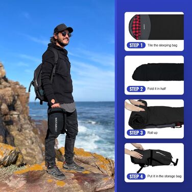 Сплячий мішок WKFAMOUT Ultralight для кемпінгу та подорожей, чорний, 220x80 см, R-Zip, Flanell