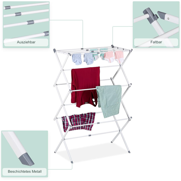 Розкладний сушильник для білизни Relaxdays з 11 стійками на 6 рівнях, 105x73x37 см, металевий, білий