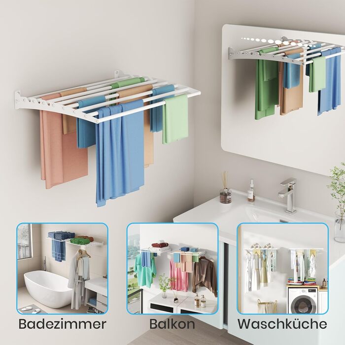 Настінна сушилка для білизни Innotic, розкладний вологостійкий сушильник для одягу з 8 стійок, великий, економний, для вулиці, ванної, балкону, білизни (білий, 60 см)