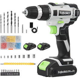 Faboka 21V акумуляторний шуруповерт, комплект з 2 акумуляторами 2.0Ah, 40Nm, 18+1 ступенів, 10мм патрон, регулювання швидкості, LED-підсвічування, для ремонту та DIY