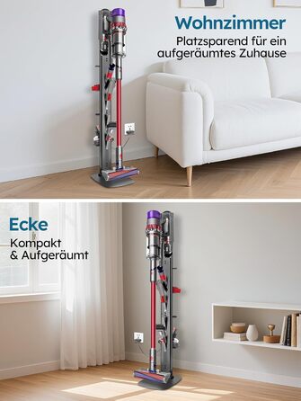 Підставка для пилососів Dyson G5, V15, V12, V11, V10, V8, V7, V6, металева з 4 гачками та 4 полицями, без свердління, стійка, підлогова, приховане кріплення кабелю, темно-сірий