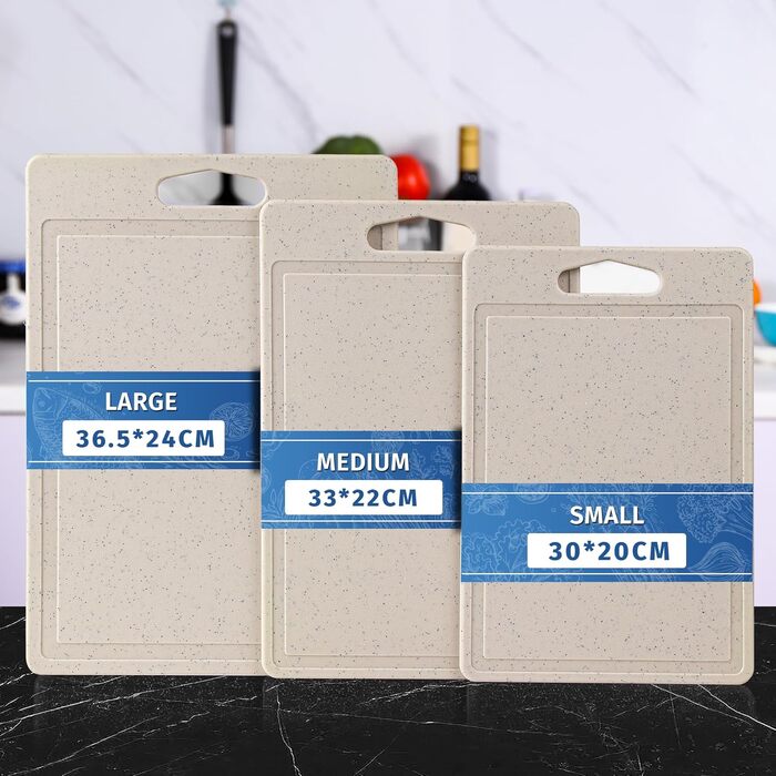 Набір обробних дощок 3 шт. з імітацією граніту, антиковзаючі наклейки, жолоб для соку, BPA-Free, з ручкою. Пластикові обробні дошки, антибактеріальні, кухонні аксесуари, гаджети, помічники (Бежевий, 3 шт.)