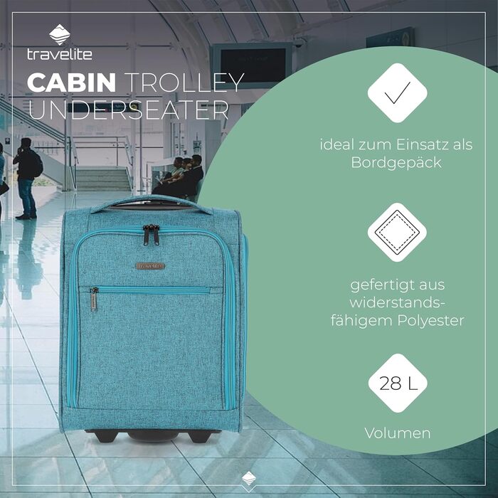 Чемодан ручної поклажі Travelite, 43 см, 28 л, Petrol (з сумкою для ліквідів)