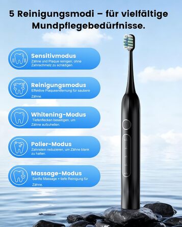 Електрична зубна щітка звукова 5 режимів, таймер 30с, відбілює зуби за 2 тижні, 8 змінних насадок, IPX7, чорний