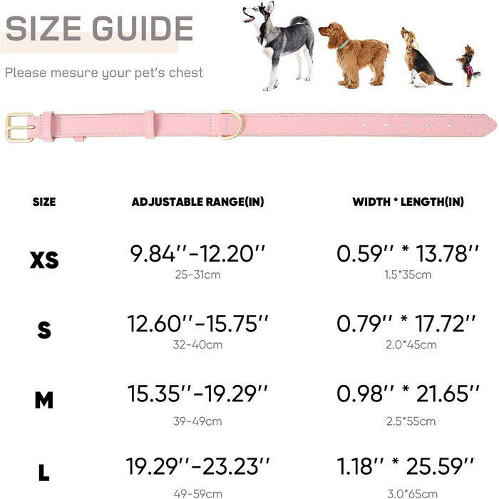 Нашийник для собак Heele з натуральної шкіри, рожевий, регульований, великий розмір (L), 1 шт.