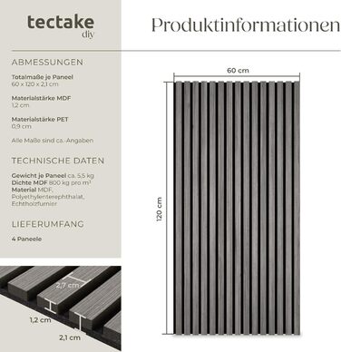 Акустичні 3D-панелі tectake 120x60x2,1 см, настінні панелі-поглиначі шуму під дерево (набір 4 шт, світло-сірий дуб)