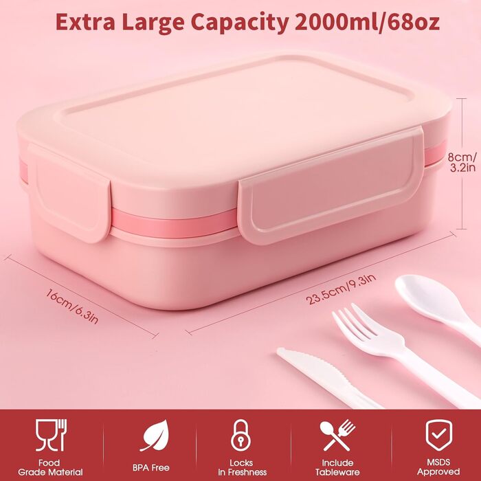 Ланчбокс для дорослих Sinnsally 2000 мл з відділеннями, бенто-бокс, ланчбокс з посудом, виготовлений з екологічно чистих матеріалів, зелений (рожевий)