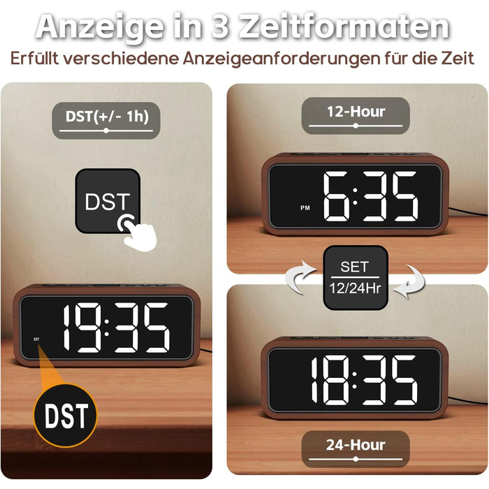 Loud Alarm Clock for Deep Sleepers, Wood Alarm Clock with LED Display, 12 Alarm Ringtone Options, 5 Adjustable Brightness Levels, 5 Volume Levels, Manual DST, Brown Retro Alarm Clock for Bedroom