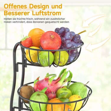 PouHenier 5-ярусная фруктова корзина для кухні, металева етажерка для фруктів та овочів, з тримачем для бананів, чорного кольору