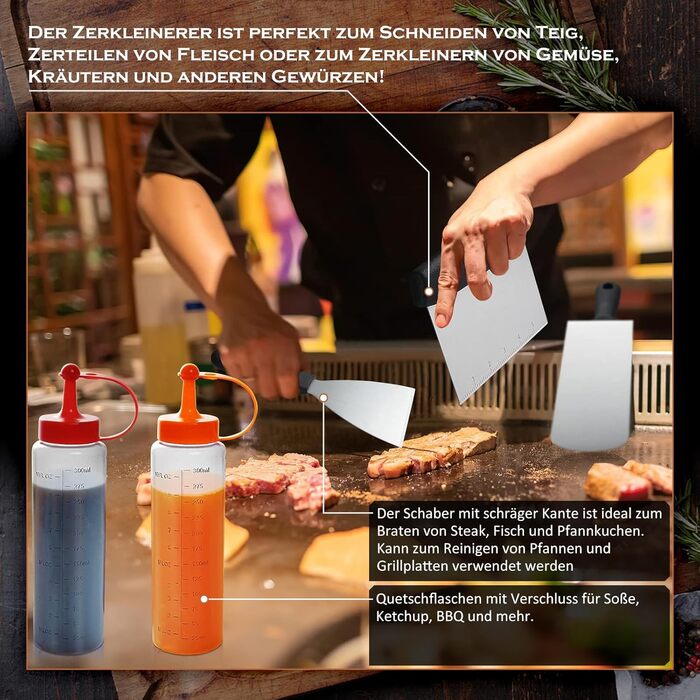 Набір шпателів для грилю з нержавіючої сталі (35 шт.) - набір для тепаньякі, сет для смаш-бургерів, з пресом для бургерів та аксесуарами для планчі, для грилю, пікніка, кемпінгу