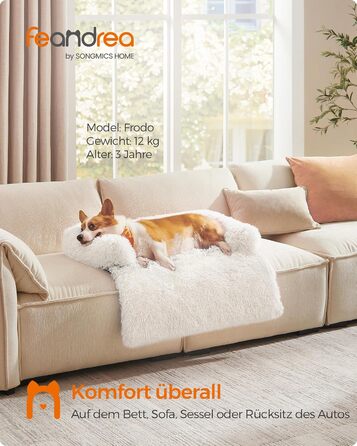 Feandrea FluffyHug Dog Bed, Plush, Dog Blanket Sofa, Sofa Protector Dog, Dog Cushion, Size M, for small and medium-sized dogs, 80 x 75 x 16 cm, PGW221G02 (L 95 x W 85 x H 16 cm, Cloud White)