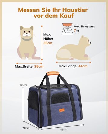 Транспортна переноска для котів та цуценят Morpilot до 5 кг, переноска для котів та собак, блакитна денім, 44 x 28 x 35 см, 44L, з надійними застібками, для відвідування ветеринара, авто, літак