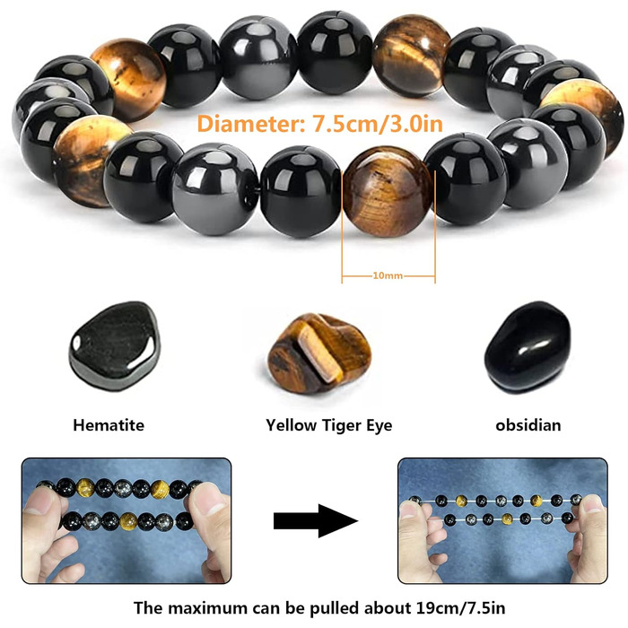 Браслет з тигровим оком, чорним турмаліном, обсидіаном та гематитом. Захисний браслет для чоловіків та жінок. Подарунок для друзів, чоловіка, батька (еластичний)