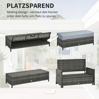 Крісло-диван Polyrattan Outsunny на 2 місця, садовий диван з подушками та пуфом, сірий шезлонг для тераси та балкону