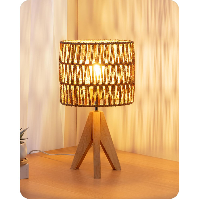 LED настільна лампа EDISHINE з абажуром з ручної роботи, дерев'яною ніжкою, тепле світло 2700K, бохо-стиль, для спальні, вітальні, готелю, з лампочкою E27 4W