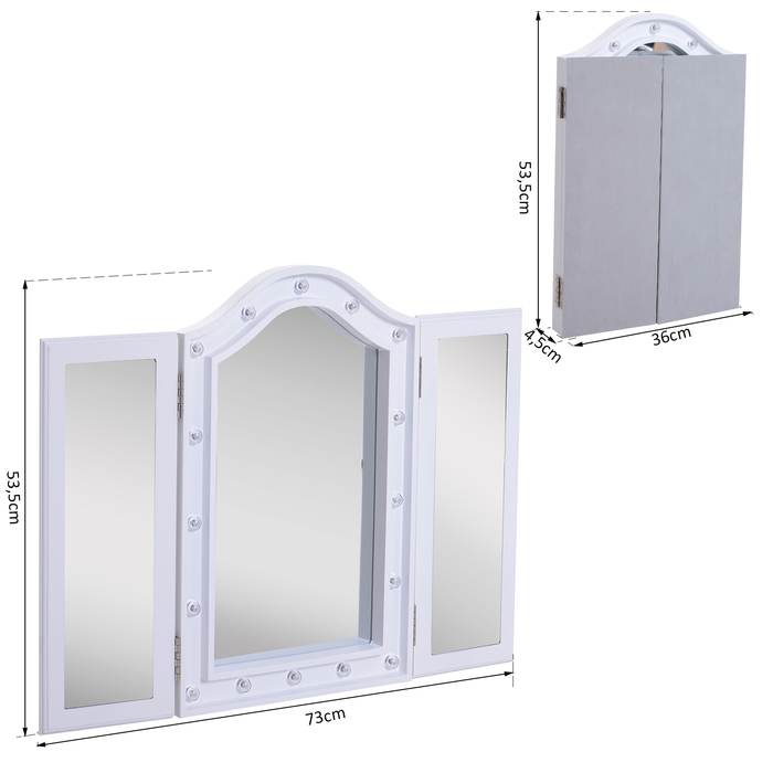 HOMCOM Vanity Mirror with 16 LED Lights - Freestanding, 180° Swivel, Battery-Powered, White, 3 Mirror Panels, 28.7 x 20.7 x 1.8 inches